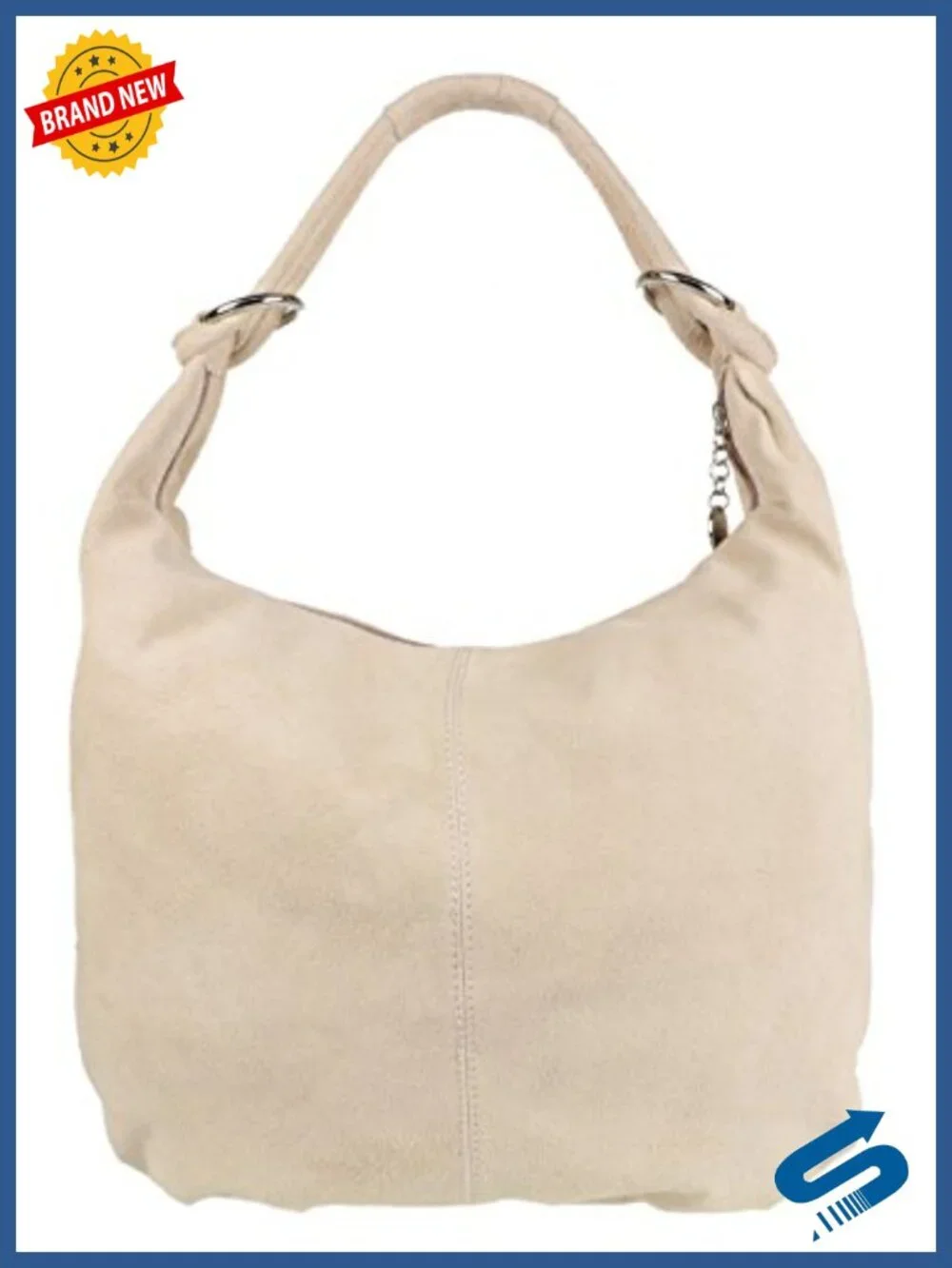 Genuine Italian Suede Leather Oversized Hobo Shoulder Bag, Top Zipper, Silver